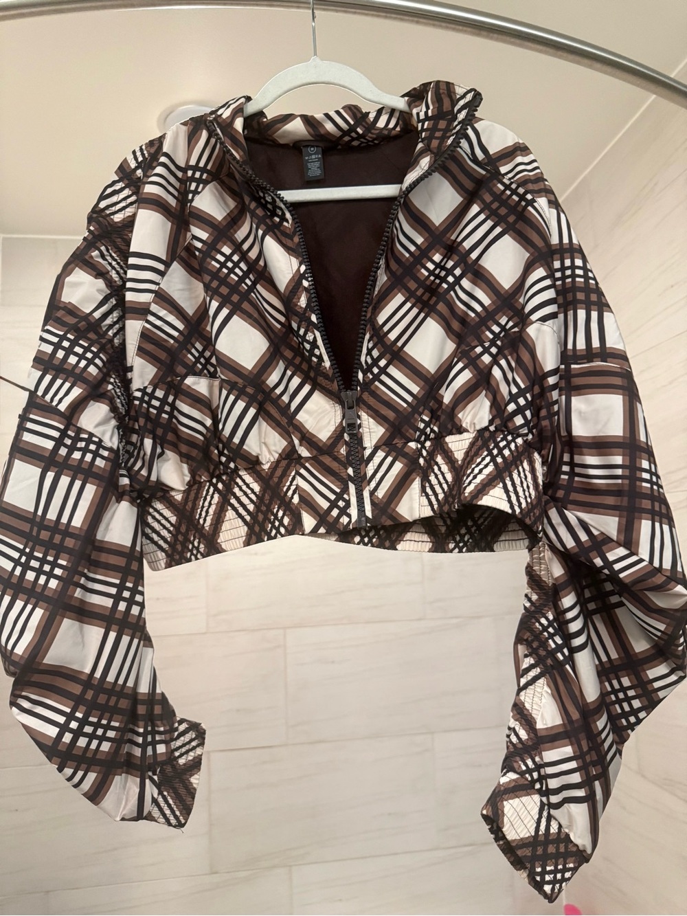 Women’s Cropped Vitality Plaid Bomber Jacket - Brown/White